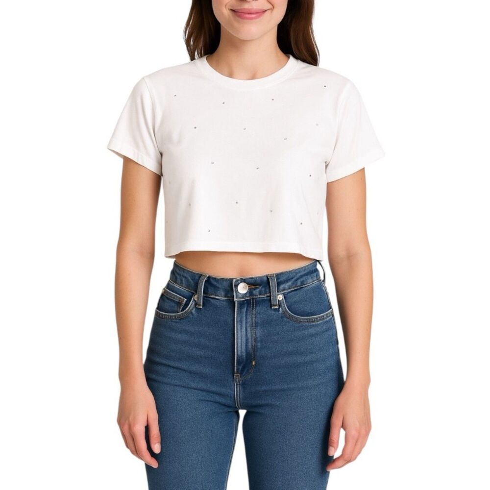 NWT Eye Candy Women’s Rhinestone Embellished Cropped T-Shirt | Size Medium